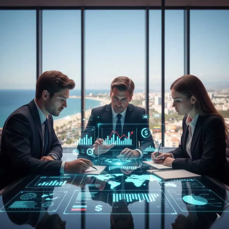 Reunión de ejecutivos analizando datos financieros y estrategia empresarial Ejecutivos analizando gráficos financieros y estrategia de negocio en oficina con vistas al mar